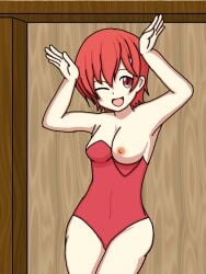 1girls ;d accidental_exposure alternate_costume armpits arms_up bare_thighs breasts breasts_out bunny_ears bunny_girl bunny_pose bunnysuit est_(fire_emblem) female female_only fire_emblem fire_emblem:_mystery_of_the_emblem fire_emblem:_shadow_dragon_and_the_blade_of_light gesture kenchu leotard looking_at_viewer medium_breasts nintendo nipples one_breast_out one_piece_swimsuit open_mouth red_eyes red_hair short_hair short_red_hair smile solo thighs wardrobe_malfunction wink