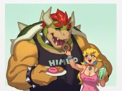 bad_id bad_twitter_id big_breasts bimbo blonde_female blonde_hair blue_eyes boba_tea bowser bubble_tea doughnut earrings female himbo hunk larger_male male mario_(series) muscular_male nintendo princess_peach rizdraws size_difference smaller_female tank_top tapioca_balls wholesome year_request