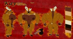 abs anthro antlers ass balls biceps capreoline cervid digital_media_(artwork) english_text fayrofire fur genitals hair hi_res horn kay_(fayrofire) looking_at_viewer male mammal model_sheet moose muscular muscular_anthro muscular_male nipples nude pecs penis smile solo stated_bisexuality text