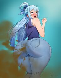 1girls aqua_(konosuba) big_ass big_butt blue_eyes blue_hair blush fart fart_cloud fart_fetish farting full_of_gas jeans kono_subarashii_sekai_ni_shukufuku_wo! open_mouth rear_view solo_female thick_thighs zaina_art99