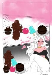 1girls android_21 big_breasts cake chocolate chocolate_cake chocolate_girl cleavage cupcake dragon_ball dragon_ball_fighterz fart fart_cloud heart legs_crossed open_mouth pink_skin popsicle red_eyes rwby shounen_jump smile solo_female sweets white_hair yang_xiao_long zaina_art99