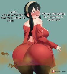 1girls big_ass big_butt black_hair blush english_text fart fart_cloud fart_fetish farting full_of_gas looking_at_viewer looking_back looking_back_at_viewer open_mouth rear_view red_eyes solo_female spy_x_family sweater text yor_briar zaina_art99