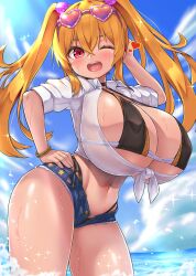 1girls ;d bakunyuu beach belly_button big_breasts bikini bikini_bottom bikini_top black_choker black_neckwear blonde_female blonde_hair blonde_hair_female blue_sky blue_water bra bra_cups_sticking_out breasts bursting_breasts chiroshiron choker cleavage clouds cloudy_sky collared_shirt crop_top curvaceous cute denim denim_shorts enormous_breasts eyewear eyewear_on_head front-tie_top hair_between_eyes hand_on_hip heart heart-shaped_eyewear hi_res high_resolution highleg highleg_bikini highleg_bikini_bottom highres horizon hourglass_figure huge_breasts huge_cleavage long_hair looking_at_viewer massive_breasts micro_shorts navel neckwear ocean one_eye_closed open_mouth original outdoors partially_submerged pink_glasses red_eyes red_eyes_female shiron_(e1na1e2lu2ne3ru3) short_shorts short_sleeved_shirt short_sleeves shorts sironn16 small_but_busty smile smiling solo solo_female sparkle splashing splashing_water sun sunglasses sunglasses_on_head thick_thighs tied_shirt tinted_glasses top_heavy_breasts twintails voluptuous voluptuous_female water white_shirt wide_hips wink winking_at_viewer