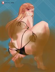 1girls big_ass big_butt blonde_hair blush fart fart_cloud fart_fetish farting kitagawa_marin looking_at_viewer looking_back looking_back_at_viewer rear_view red_eyes smile solo_female sono_bisque_doll_wa_koi_wo_suru squatting swimsuit swimwear thick_thighs zaina_art99