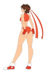 ass back bloomers brown_eyes brown_hair buruma exposed_legs female_only fingerless_gloves gerrrms headband light-skinned_female looking_away orange_clothing red_sneakers sakura_kasugano sneakers sportswear standing street_fighter tanline white_background