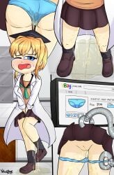 blue_panties computer dr_konica_yaegaki laboratory omorashi panties_pulled_down peeing peeing_self professor robot robotic_arm science_lab terrible_laboratory wetting wetting_self yellowzonemx