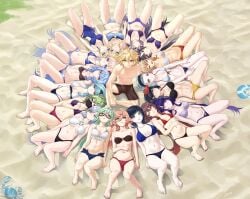 >_< 1boy 20girls 6+girls ^_^ absurd_res absurdres aether_(genshin_impact) alternate_costume amber_(genshin_impact) animal aqua_hair arm_rest arm_support barbara_(genshin_impact) barefoot beach bent_over bikini black_hair blonde_hair blue_eyes blue_hair breasts brown_hair circle_formation cleavage closed_eyes completely_nude crab day eula_(genshin_impact) everyone feet female fischl_(genshin_impact) fisheye from_above ganyu_(genshin_impact) genshin_impact glasses green_eyes green_hair grey_hair hair_between_eyes hair_slicked_back hairband harem hi_res highres hu_tao_(genshin_impact) human incest jean_gunnhildr kamisato_ayaka keqing_(genshin_impact) knees_up kujou_sara kuki_shinobu large_breasts leaning_back legs legs_apart light_brown_hair linea_alba long_hair looking_at_viewer luizhtx lumine_(genshin_impact) lying male mask medium_hair mona_(genshin_impact) mouth_mask multicolored_hair multiple_girls naked navel nipples nude nun on_back one-piece_swimsuit one_eye_closed open_mouth outdoors pale_skin pink_hair purple_eyes purple_hair pussy raiden_shogun sand sangonomiya_kokomi shenhe_(genshin_impact) side_ponytail sitting small_breasts smile standing stomach sucrose_(genshin_impact) surrounded_by_breasts surrounded_by_pussies surrounded_by_women swimsuit toes very_long_hair yae_miko yanfei_(genshin_impact) yelan_(genshin_impact) yoimiya_(genshin_impact)