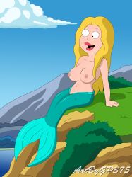 accurate_art_style american_dad blonde_female blonde_hair breasts female francine_smith gp375 green_tail mermaid mermaid_tail sitting sitting_down smiling solo topless