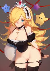 absurdres apron ass_visible_through_thighs bare_shoulders blonde_female blonde_hair blue_eyes blush breasts choker cleavage cowboy_shot crown earrings female flipped_hair hair_over_one_eye highres jewelry large_breasts leaning_forward long_hair looking_at_viewer luma maid maid_headdress mario_(series) paid_reward panties parted_lips patreon_reward princess_rosalina pussy side-tie_panties simple_background smile solo songjikyo standing star_(symbol) super_mario_galaxy thighhighs tray uncensored underwear waist_apron wrist_cuffs