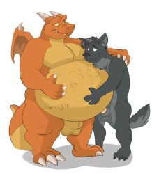 animal_genitalia anthro balls belly big_belly canid canine canson claws digital_media_(artwork) dragon duo erection fur garlos genitals hair hi_res horn male male/male mammal nude original_character overweight overweight_male penis rumbling_stomach sheath simple_background slightly_chubby videlthewusky vore