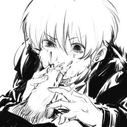 2boys blowjob cum cum_in_mouth ejaculation fellatio gay gintama hijikata_toshiro holding_penis male male_only mew_(pixiv) monochrome okita_sougo oral penis solo_focus tears uncensored yaoi