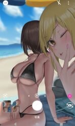 2022 2girls beach bikini black_bikini blonde_female blonde_hair breasts brown_hair camera_hud cleavage female female_only gold_eyes hips holding_object huge_breasts medium_hair original original_character outdoors peace_sign selfie slim_waist thighs tomiokasena wide_hips wink