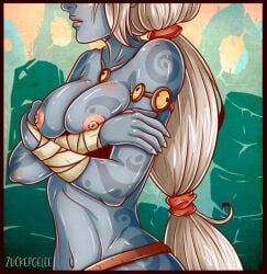 1girls artist_name athletic_female bandage breasts grey_skin holding_breast league_of_legends long_hair necklace nipples nude riot_games shy solo soraka standing tattoo upper_body white_hair zuckergelee