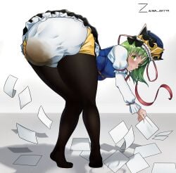 1girls ass bent_over diaper eiki_shiki green_eyes green_hair looking_back scat shitting shitting_self skirt smile soiling soiling_diaper solo_female tights touhou zaina_art99