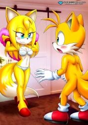 bbmbbf bra bra_and_panties canid canine diamond_level fox lace-trimmed_panties male mammal mobius_unleashed palcomix panties pietros_secret_club repost sonic_(series) sonic_the_hedgehog_(series) surprised_expression tail tails zooey_the_fox