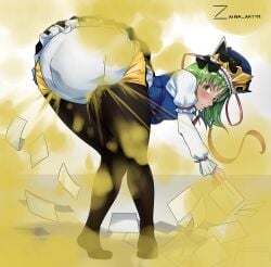 1girls ass bent_over diaper eiki_shiki fart fart_cloud fart_fetish farting green_eyes green_hair looking_back shit skirt solo_female tights touhou zaina_art99