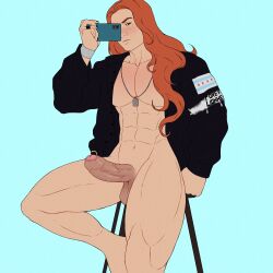 big_pecs big_penis commission foreskin ginger_hair long_hair male open_jacket original_character phone_selfie rekkinj sitting veiny_penis