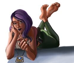 barefoot feet feet_up flatfoot fortnite jae-yo laying_down maya_(fortnite) purple_hair