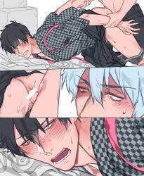 2boys anal anal_sex arm_grab arms_behind_back bar_censor bent_over black_hair blush breath clenched_teeth from_behind gay gintama gintoki_sakata hijikata_toshiro japanese_clothes kimono looking_at_another looking_back male male_only mormormor official_alternate_costume open_mouth silver_hair sweat tears yaoi