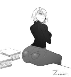 1girls big_ass big_butt fiona_frost nightfall_(spy_x_family) papers short_hair shoulder_length_hair sitting sitting_on_desk spy_x_family uncolored zaina_art99