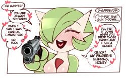 1girls at_gunpoint big_breasts breasts comedy dialogue english_text female female_pokemon funny gardevoir green_hair gun gunpoint happy heart humor meme nintendo offscreen_character offscreen_male pokémon_(species) pokemon pokemon_(species) saltyxodium tagme text threatening yandere