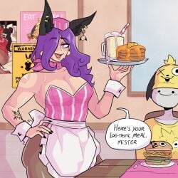 animal_ears anubis apron blush bunny_tail bunnysuit crossdressing diner earrings femboy glass_of_cum hamburger hat loggus_doggus mcdonald's milkshake nail_polish pancake poster purple_hair restaurant serving_food serving_tray tray waiter waitress waitress_uniform