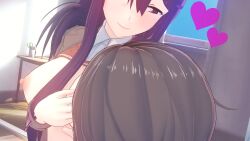 1boy 1girls black_hair breasts breasts_out breasts_out_of_clothes breasts_outside doki_doki_literature_club duo exposed_breasts female heart koikatsu mc_(doki_doki_literature_club!) purple_eyes purple_hair purple_heart purple_hearts school_uniform scissors smile smiling smiling_at_partner uniform yuri_(doki_doki_literature_club)