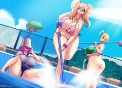 3girls america-chan big_ass big_breasts bikini bucket_hat cleaning emma_hugaz female female_only heterochromia hourglass_figure huge_ass huge_breasts kogeikun multiple_girls nipple_bulge nipples_visible_through_clothing pool purple_hair round_ass swimsuit thick_thighs twintails velvet_city_(shiin) water wendolin wide_hips