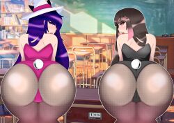 2022 2girls ass ass_focus blush brown_hair bunny_tail bunnysuit female_only first_porn_of_character hana_yomeguri hat indie_virtual_youtuber latam_virtual_youtuber light-skinned_female light_skin looking_back mai_noboshi milk_nsfw multiple_girls open_mouth purple_eyes purple_hair tail teeth tongue two_tone_hair virtual_youtuber vjin vtuber vtuberfanart white_hat white_tail