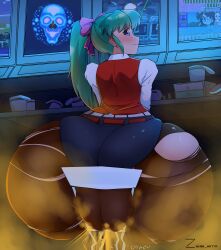 1girls big_ass big_butt blue_eyes blush bow chair chair_breaking fart fart_cloud fart_fetish farting game_tengoku green_hair huge_ass huge_butt leggings looking_back ponytail rear_view sitting sitting_on_chair solo_female torn_clothes torn_leggings yuki_ito zaina_art99