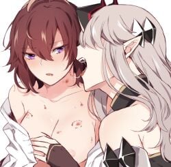 bite_marks biting canon_couple color-les demon lesbian mage_and_demon_queen malori markings nipple official_art older_female velverosa younger_female yuri