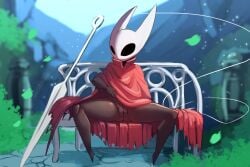 1girls bench bottomless cloak female_only gekasso hollow_knight hornet_(hollow_knight) insect_girl looking_at_viewer mask partially_clothed presenting sitting solo thick_thighs