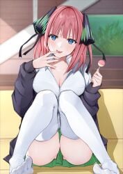 black_panties blue_eyes blush cleavage female_only go-toubun_no_hanayome green_skirt large_breasts lolipop looking_at_viewer miniskirt nakano_nino open_mouth pink_hair school_uniform schoolgirl short_hair skirt solo_focus thick_thighs thighhighs thighs tongue tongue_out uiri_na uncensored underwear white_legwear white_shirt white_stockings wide_hips