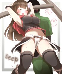 1girls aphrodisiac aroused big_breasts bondage bound brown_hair captured hair_ornament kunoichi non(artist) original original_character