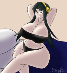 big_breasts big_thighs braided_hair breasts dark_green_hair red_eyes sloppy_sab spy_x_family thick_hips underwear yor_briar yor_forger