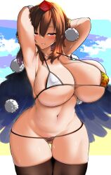 1girls akure_ekuto big_breasts bikini shameimaru_aya tagme thighhighs touhou