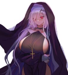 1girls arm_under_breasts big_breasts blush blushing breasts busty cross cross_necklace curvaceous curves curvy curvy_body curvy_female curvy_figure female female_only hand_under_breasts heavy_blush hips huge_breasts kurokuroooi large_breasts nun nun's_habit nun_habit nun_hat nun_outfit praying red_eyes red_face short_hair silver_hair tagme thick white_background white_hair