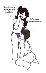 1boy 1girls bare_ass brother_and_sister brown_hair clothing dialogue drooling fellatio femboy femdom grabbing_hair hair_grab hand_in_hair hand_on_another's_head hand_on_head incest jaiden jaiden_animations jax_(jaiden_animations) kneeling long_hair male malesub mob_face sex_toy short_hair smartphone strap-on strap-on_fellatio submissive submissive_male text white_background white_skin youtube youtuber