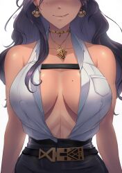 1girls absurdres artist_name belt big_breasts biting biting_lip black_belt black_hair black_skirt blouse breasts cleavage collar collared_shirt commentary dark-skinned_female dark_skin earrings english_commentary female female_only head_out_of_frame highres jewelry large_breasts long_hair mole mole_on_breast mole_under_eye myth1c necklace nijisanji nijisanji_en nipples nipples_visible_through_clothing no_bra open_clothes open_shirt scarle_yonaguni shirt simple_background skirt solo upper_body virtual_youtuber wavy_hair white_background white_shirt