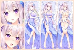 :d bangs bare_legs barefoot bed_sheet blue_ribbon braid breasts cleavage collarbone criss-cross_halter crown_braid dakimakura_(medium) dress emilia_(re:zero) feline female floating_hair flower from_above full_body hair_flower hair_ornament hair_ribbon halterneck high_heels long_hair looking_at_viewer lying medium_breasts naked_ribbon nipples on_back open_mouth pillow puck_(re:zero) pumps purple_dress purple_eyes purple_ribbon re:zero_kara_hajimeru_isekai_seikatsu ribbon shiny shiny_hair side_slit sleeveless sleeveless_dress smile split_screen summer-d_(dodojune) very_long_hair white_flower white_footwear white_hair wrist_cuffs