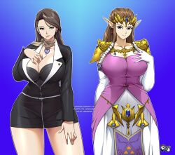 2girls ace_attorney beauty_mark big_breasts black_hair brown_hair capcom cleavage crossover deviantart_url facebook_url female female_only hand_on_breast hourglass_figure jadenkaiba long_black_hair long_brown_hair long_hair looking_at_viewer magatama_necklace mia_fey nintendo pixiv_url princess_zelda the_legend_of_zelda the_legend_of_zelda:_twilight_princess thick_thighs twilight_princess wide_hips zelda_(twilight_princess)