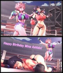 2_panel_comic 2girls 3d 3d_(artwork) abs arena ass big_ass big_breasts big_butt big_thighs black_boxing_glove boxing boxing_gloves boxing_ring breasts butt catfight curvy defeated duo female female_only fight fighting_ring fit fit_female griffanz in_the_air knocked_out ko kyoka_jiro light-skinned_female light_skin midriff mina_ashido mismatched_boxing_gloves mismatched_gloves muscular muscular_female my_hero_academia one_eye_closed panties pink-skinned_female pink_skin punch punched punching_face red_boxing_glove sports_bra thick thick_ass thick_butt thick_hips thick_thighs thighs two-tone_boxing_gloves wide_hips