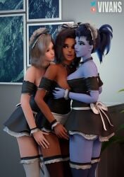 3d 3girls alternate_costume alternate_hairstyle amelie_lacroix angela_ziegler artist_name between_legs between_thighs blender blizzard_entertainment blue_skin breast_grab breast_press breasts colored_skin cuddling dark-skinned_female female female_only high_heels latina looking_at_another maid maid_outfit maid_uniform mercy nipples nipples_visible_through_clothing overwatch skirt_lift sombra stockings vivans washing_machine widowmaker yuri