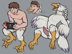 after_transformation anatid anseriform anserinae anthro avian beak bird bodily_fluids braided_hair braided_ponytail brown_hair cum ejaculation erection feathers fetishame game_console gaming genital_fluids goose hair hi_res human male mammal membrane_(anatomy) nintendo nintendo_switch nude open_mouth rito solo solo_male switch_console the_legend_of_zelda transformation video_games webbed_feet white_body white_feathers wings