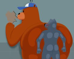 2022 absurd_res anthro ass bear_and_breakfast big_butt black_nose blush canid canine clothing colossalstars dot_eyes duo exclamation_point gay grey_body hank_(bear_and_breakfast) hat headgear headwear hi_res humanoid_hands male_only mammal question_mark size_difference ursid