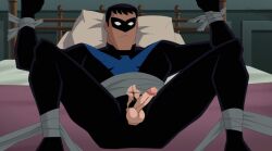 1boy balls batman_(series) dc dc_comics dick_grayson edit edited editfag erection genitals little_penis male male_only nightwing penis retracted_foreskin screencap screenshot screenshot_edit solo tied tied_hands torn_clothes uncensored uncut unknown_artist yaoi