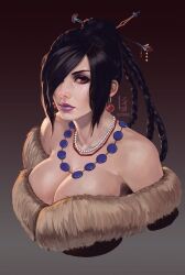 1girls bare_shoulders black_hair breasts cleavage cleavage_dress cleavage_overflow eyeshadow female final_fantasy final_fantasy_x fur fur_trim g21mm hair_ornament hair_over_one_eye highres jewelry large_breasts lips lipstick long_hair looking_at_viewer lulu_(ff10) lulu_(final_fantasy) makeup mole mole_under_mouth necklace orange_eyes purple_lipstick red_eyes sole_female solo upper_body