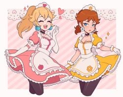 2girls annoyed apron blonde_female blonde_hair blue_eyes breasts brown_hair choker closed_eyes cremanata earrings gloves happy happy_female heart lace leggings maid maid_apron maid_headdress maid_uniform mario_(series) medium_breasts nintendo open_smile ponytail princess_daisy princess_peach short_twintails sparkles twintails waist_apron white_gloves