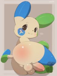 balls blush bodily_fluids fisuku generation_3_pokemon genital_fluids genitals hi_res looking_at_viewer lying male minun nintendo nude penis pokemon pokemon_(species) precum solo video_games