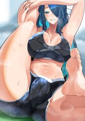 azuma_fubuki barefoot blue_eyes blue_hair bra breasts cleavage feet female female female_only hair_over_one_eye kneepits large_breasts light-skinned light-skinned_female long_hair mato_seihei_no_slave milf riseplumberclub soles solo sports_bra spread_legs stretch toes